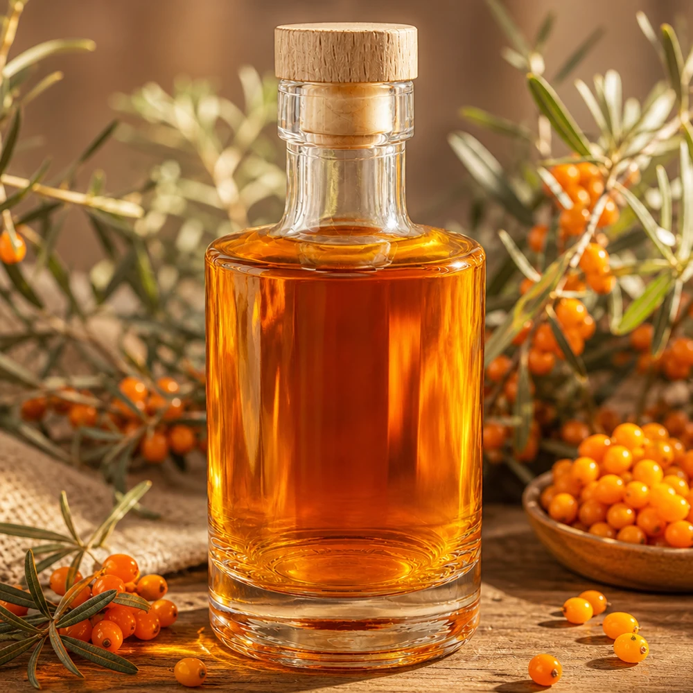Bottiglia in vetro da 200 ml Marie con tappo in sughero con impugnatura in legno UNiTWIST® Bottiglia di vetro da 200 ml Marie riempita con olio di olivello spinoso, tappo di sughero in legno, decorazione naturale con bacche di olivello spinoso e rametti