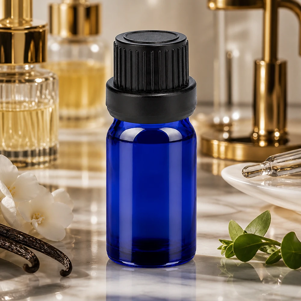 Flacone in vetro blu da 5 ml con tappo nero a prova di bambino, perfetto per i cosmetici fai da te