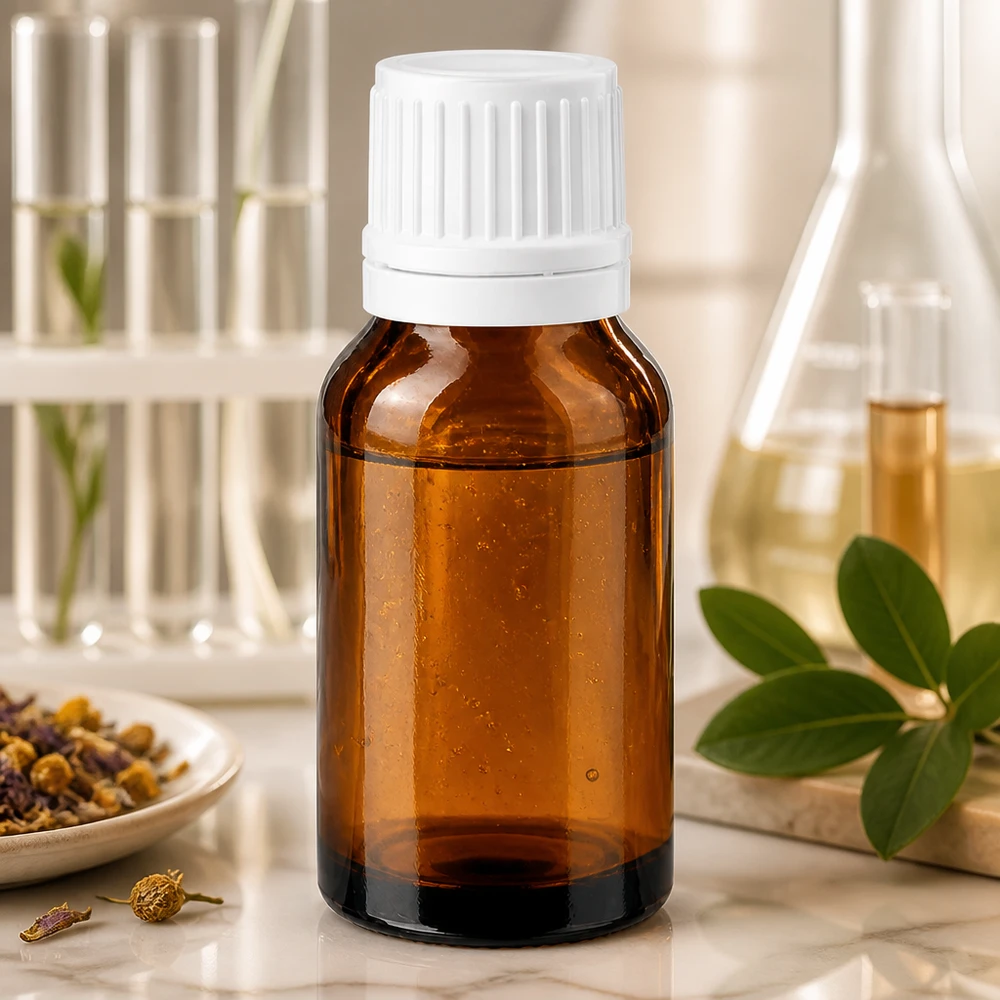 Flacon de pharmacie brun 30ml bouchon à vis blanc bouchon inviolabilité Petit flacon en verre ambré de 30 ml muni d'un bouchon de sécurité blanc, posé sur du marbre au milieu d'herbes médicinales