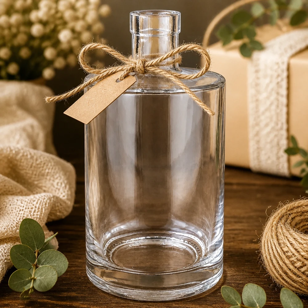 Bottiglia in vetro da 700 ml Marie confezionata con un fiocco di iuta e un cartellino in carta kraft rustica