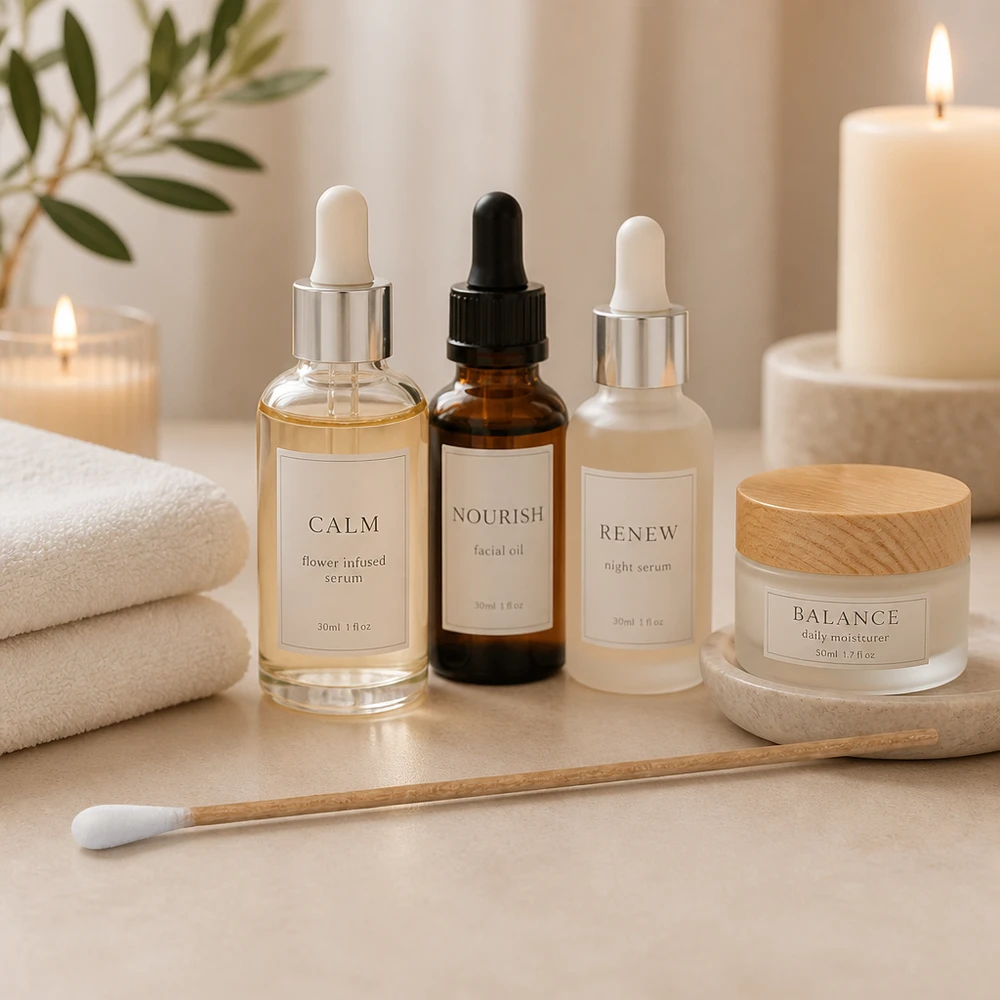 Boccioli di cotone UNSTERIL Bastoncini di cotone non sterili con manico in legno accanto ai prodotti per la cura della pelle Calm Serum e Balance Moisturizer