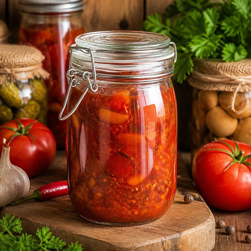 Barattolo da 1000 ml con tappo a battente riempito con salsa di pomodoro fatta in casa e ingredienti freschi