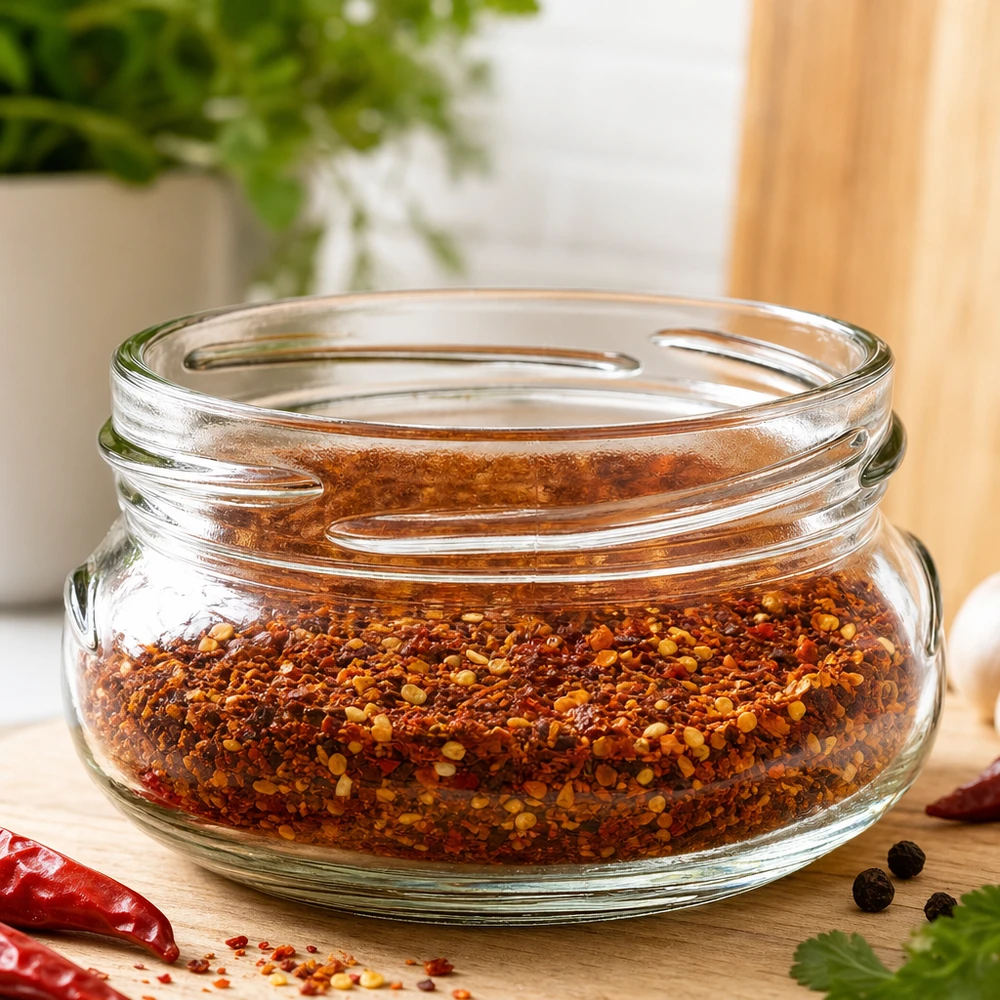 120ml Terrinenglas ohne Deckel (TO70) UNiTWIST UNiTWIST Terrina120 Terrinenglas 120ml TO70 mit Chili-Gewürzmischung auf Holzbrett in Küche