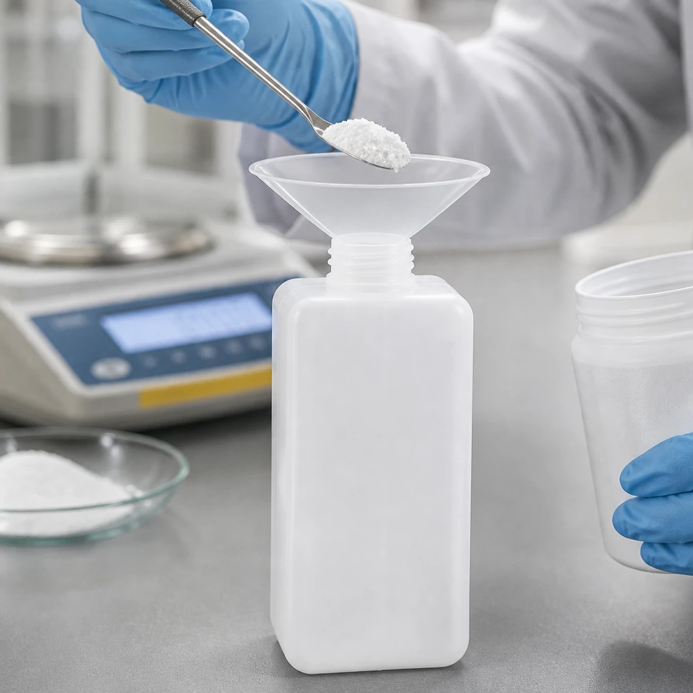 Flacon à produits chimiques 1000 ml à col étroit, PEHD couleur naturelle, GL 32 Flacon carré blanc pour produits chimiques, 1 000 ml, en PE-HD, à col étroit GL 32, avec des mains gantées bleues