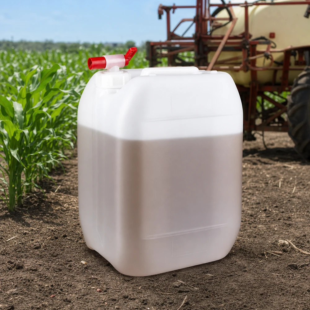 Kanister 10 Liter mit Auslaufhahn Kompakter rechteckiger 10L Kanister mit Auslaufhahn im professionellen Landwirtschaftseinsatz
