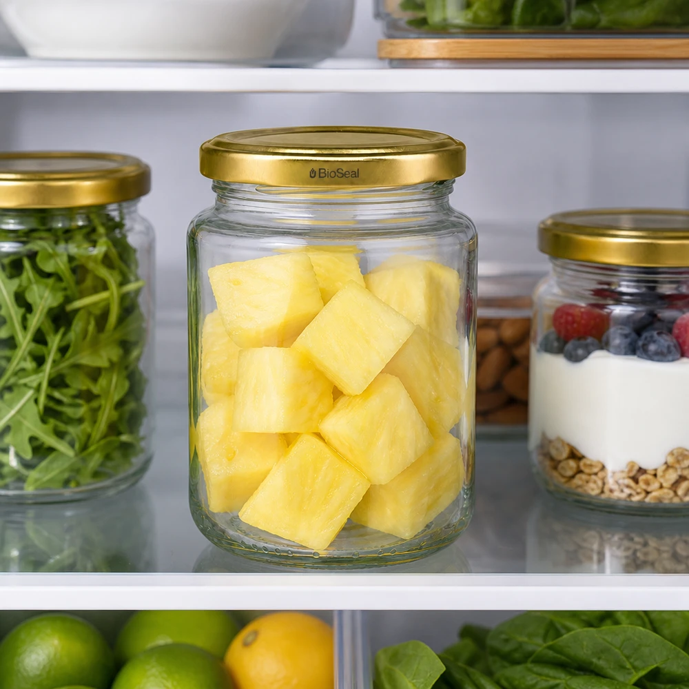 UNiTWIST Runda382 con coperchio TO66 BioSeal in frigorifero, pezzi di ananas conservati freschi, barattolo di conservazione Meal Prep