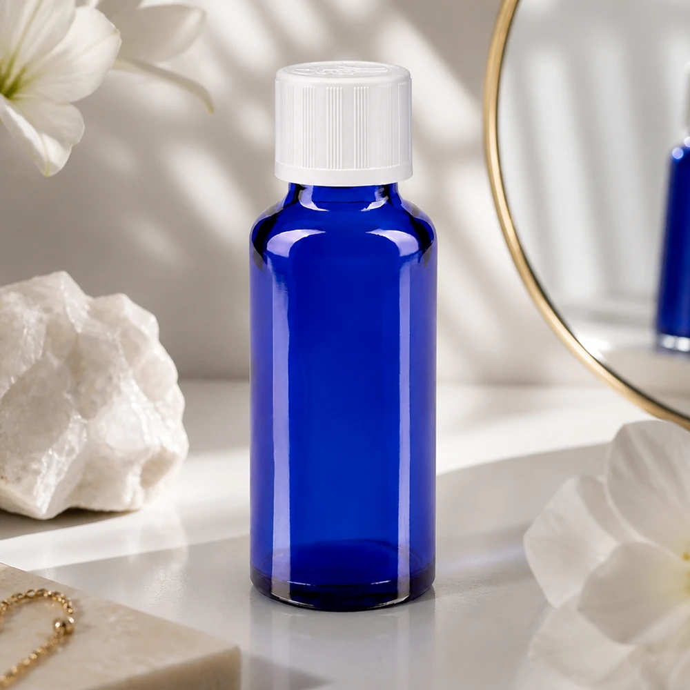 Blaue 30ml Apothekerflasche mit 11mm Kindersicherheitsdeckel für Aromatherapie und Naturkosmetik