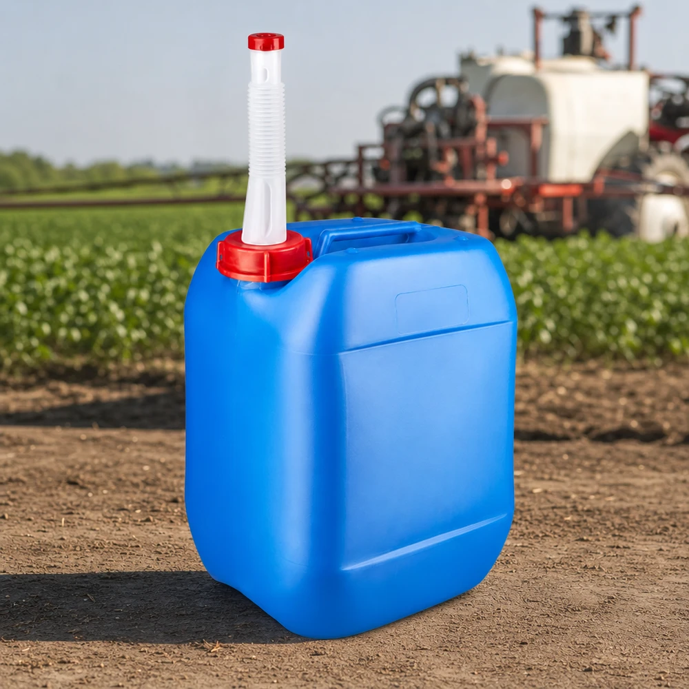 Bidon 10 litres bleu avec tube flexible Bidon bleu de 10 litres muni d'un bec verseur flexible, posé dans un champ devant un pulvérisateur agricole