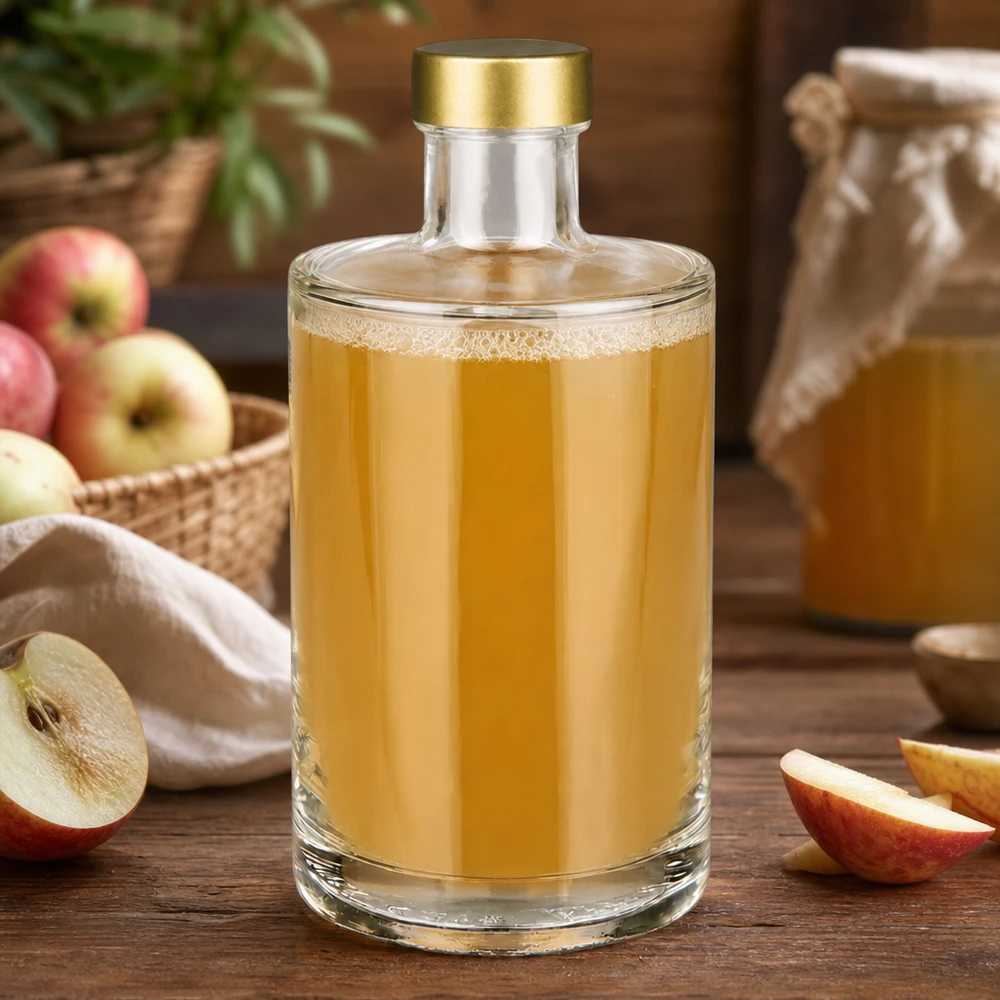 Bottiglia in vetro da 375 ml Sam + tappo a vite oro UNiTWIST® 375ml Glasflasche Sam mit Apfelsaft befüllt goldener Schraubverschluss UNiTWIST frische Äpfel Obstverarbeitung