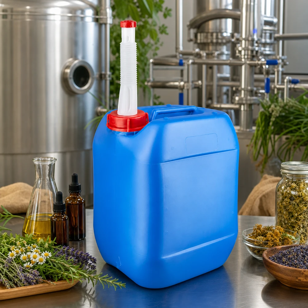 Bidon 10 litres bleu avec tube flexible Bidon rectangulaire en plastique bleu de 10 litres avec bec verseur souple, à côté d'herbes aromatiques et d'huiles essentielles