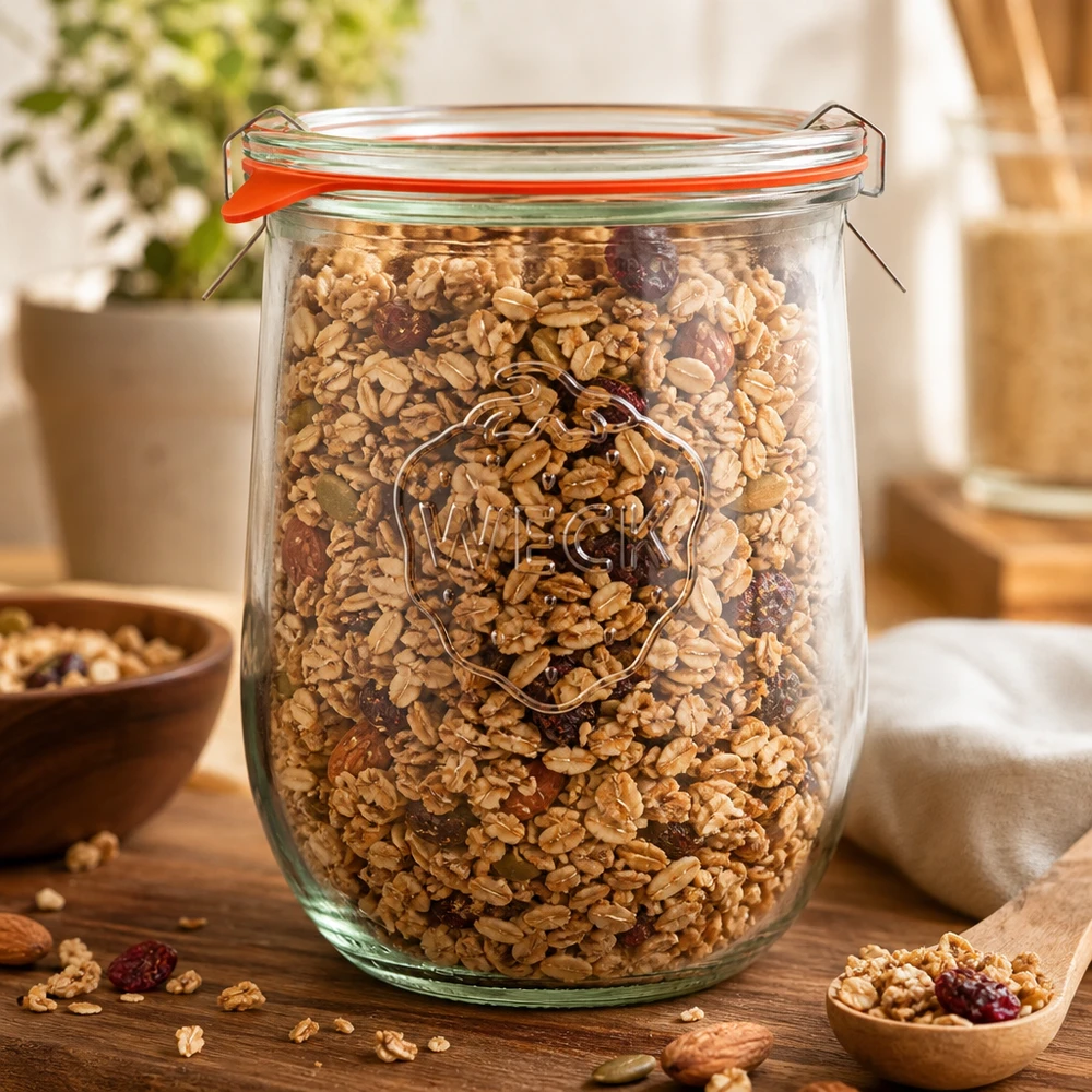 Vaso a tulipano completo da 1062 ml WECK RR100 WECK 1062ml barattolo a tulipano RR100 riempito con muesli e frutta secca come barattolo per la conservazione in cucina con coperchio basculante