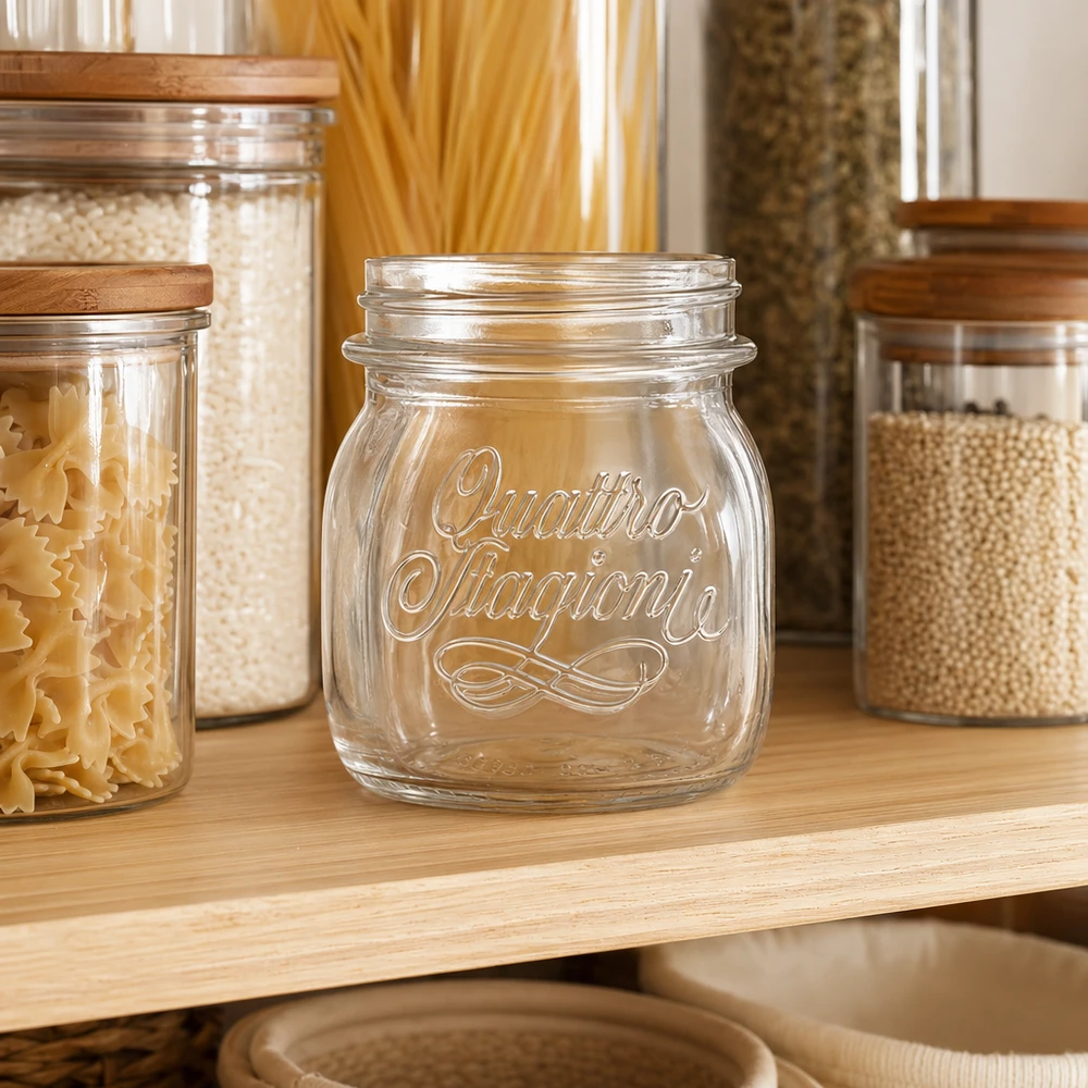 Vaso domestico Quattro Stagioni da 250 ml vuoto su un ripiano di legno tra i vasi di pasta e cereali