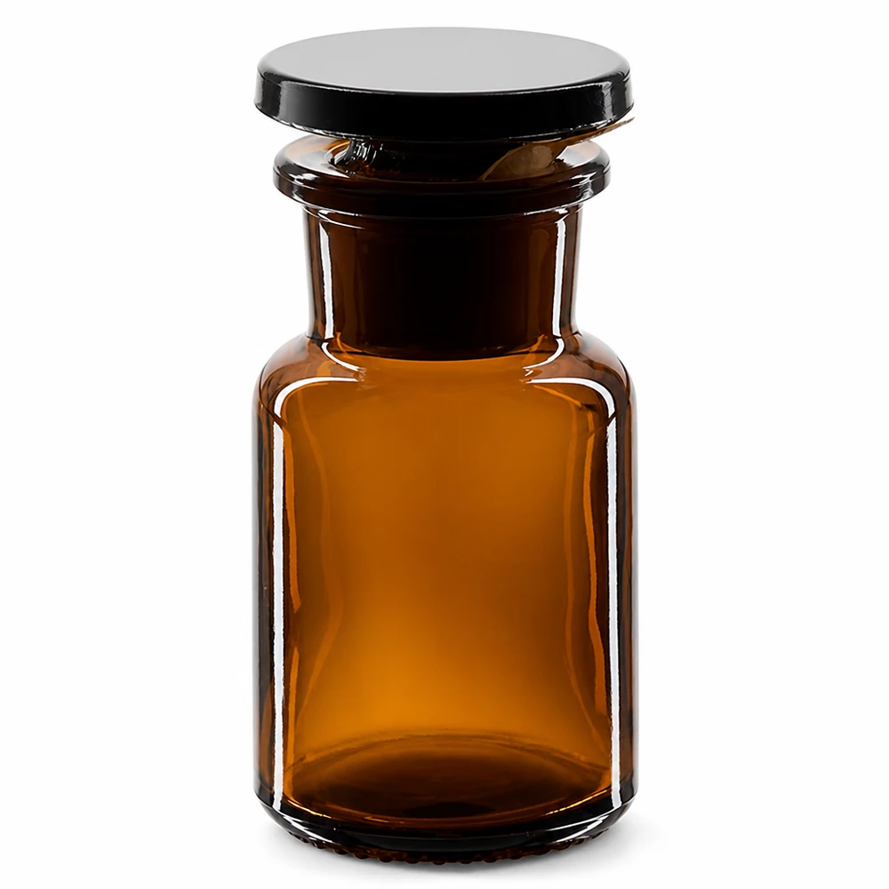 Bottiglia a spalla tonda 50ml marrone collo largo tappo in vetro Fiaschetta marrone a spalla arrotondata da 50 ml con tappo in vetro e collo largo, per laboratorio e farmacia