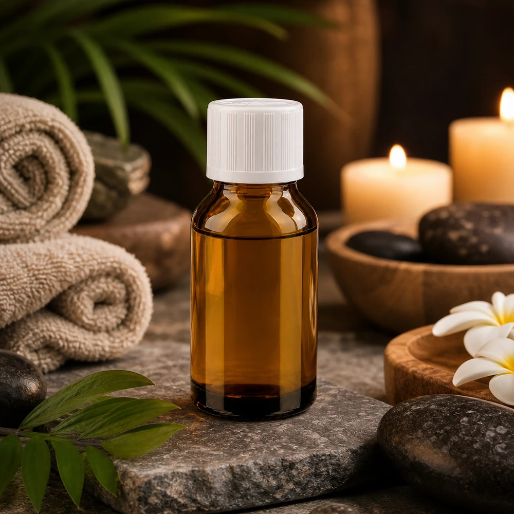 Bottiglia per farmacia marrone 15ml tappo a vite bianco KiSi St Olio essenziale in flacone di vetro marrone da 15 ml con tappo a vite bianco, in un ambiente da spa