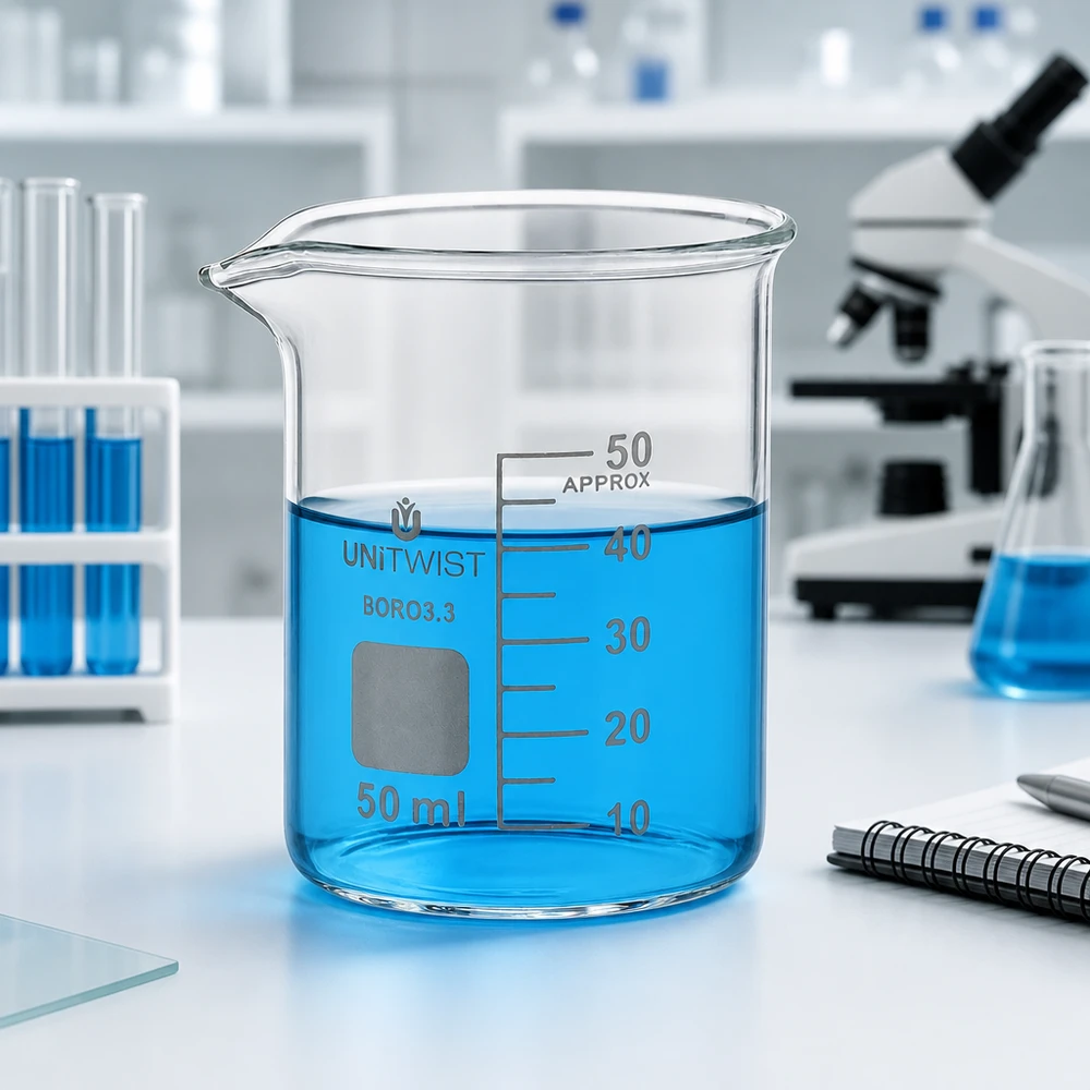 Bicchiere da 50 ml in borosilicato, a basso stampo UNiTWIST Provetta da laboratorio da 50 ml in vetro, modello UNiTWIST a forma bassa, contenente un liquido blu fino al livello di 40 ml