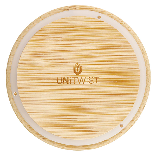 Coperchio in legno versione "A" per WECK RR100 UNITWIСT coperchio in legno per WECK RR100 dall'alto con logo visibile e venature del legno su sfondo bianco