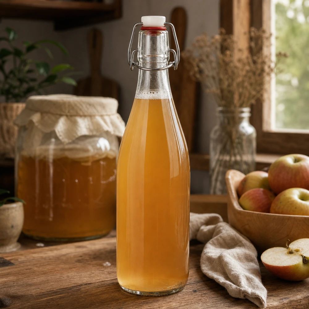 Bottiglia di vetro da 500 ml + tappo a battente in PVC UNiTWIST Bottiglia di vetro da 500 ml con tappo oscillante riempita di succo di mela rustico da cucina bevanda di frutta fatta in casa naturale