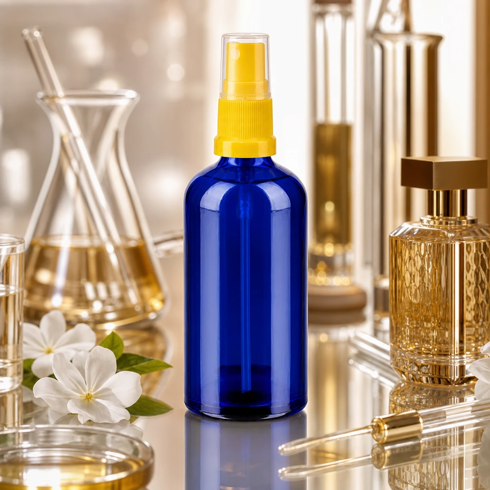 100ml Sprayflasche gelb/transparent Standardverschluss BlueLine UT18/100 Premium 100ml Sprühbehälter aus UV-beständigem Kobaltglas für professionelle Aromamischungen