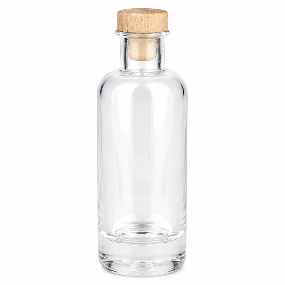 Bottiglia in vetro da 200 ml Ella con tappo in sughero con impugnatura in legno UNiTWIST® Bottiglia di vetro da 200 ml Ella con tappo di legno trasparente vuoto Foto del prodotto su sfondo bianco