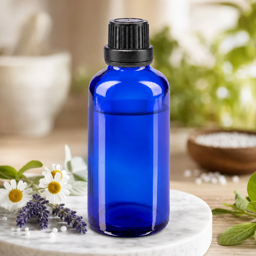 Apothekenflasche blau 50ml Schraubverschluss schwarz Dichteinlage Originalitätsverschluss Blaue Blauglasflasche 50ml mit SV OV schwarz in naturnahem Aromatherapie-Setting mit Wildblumen