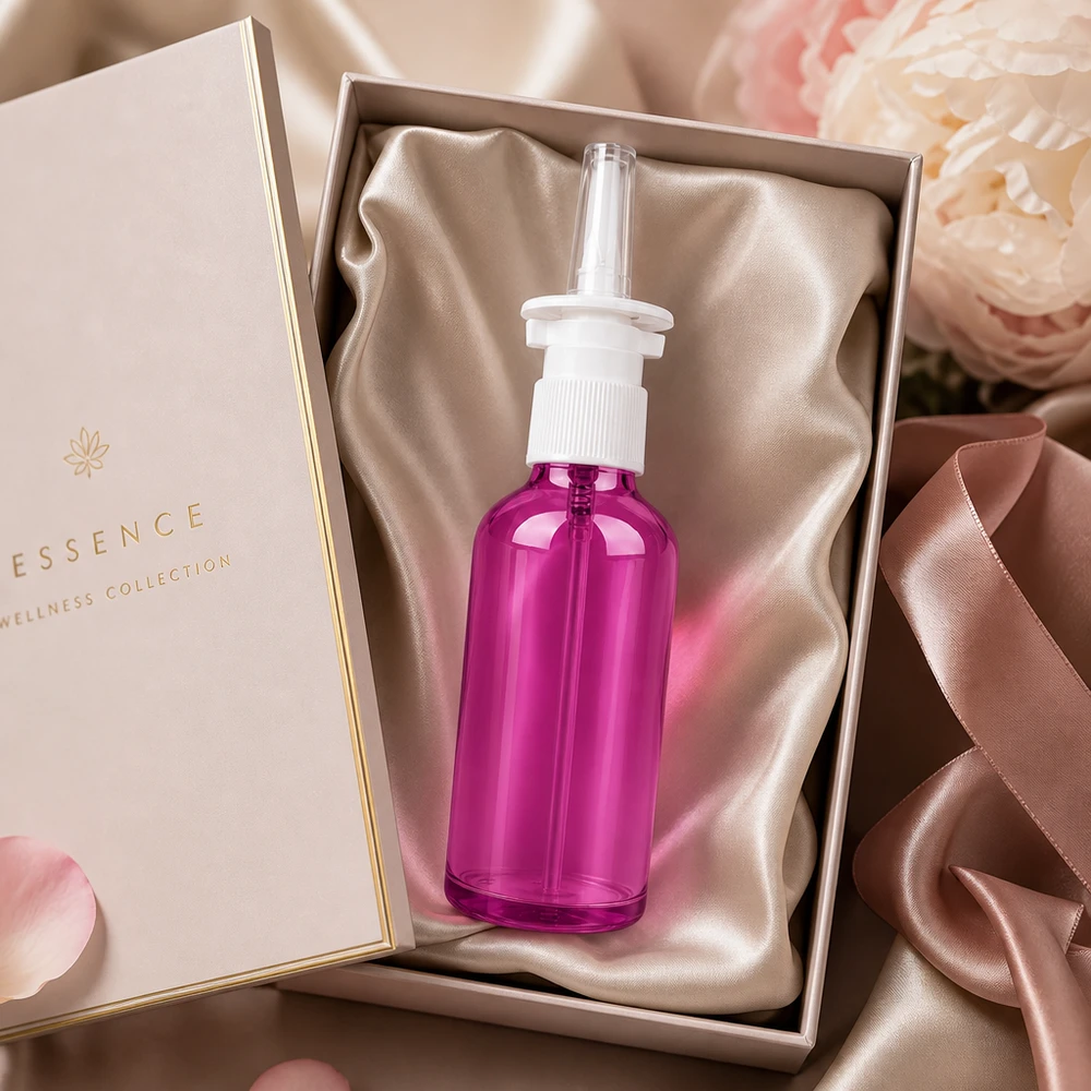 Flacone spray nasale da 50 ml bianco/trasparente standard PurpleLine. UT18/50 Flacone spray nasale viola da 50 ml con robusto sistema a pompa e tappo a prova di bambino