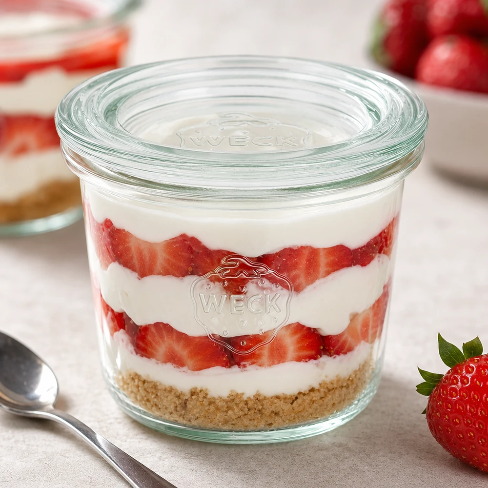 WECK Sturzglas 80ml RR60 mit Erdbeer-Sahne-Dessert gefüllt zeigt vielseitige Verwendung als Dessertglas und Portionsglas