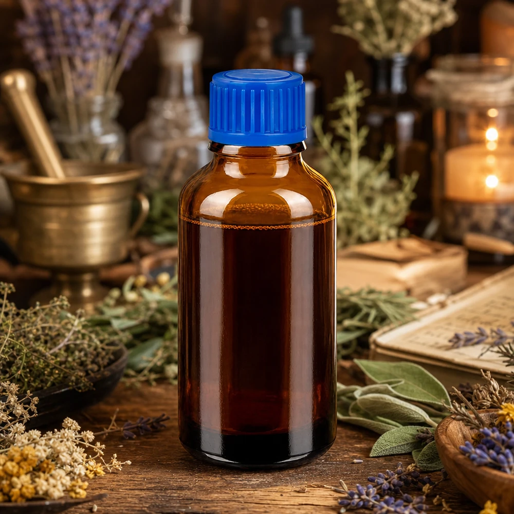 Flacone in vetro ambrato da 30 ml con tappo blu standardizzato per uso farmaceutico