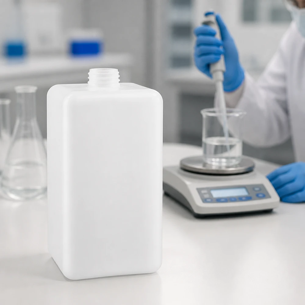 Flacon en plastique robuste de 1 500 ml en PE-HD à col étroit GL 32, destiné aux applications de laboratoire nécessitant une grande précision