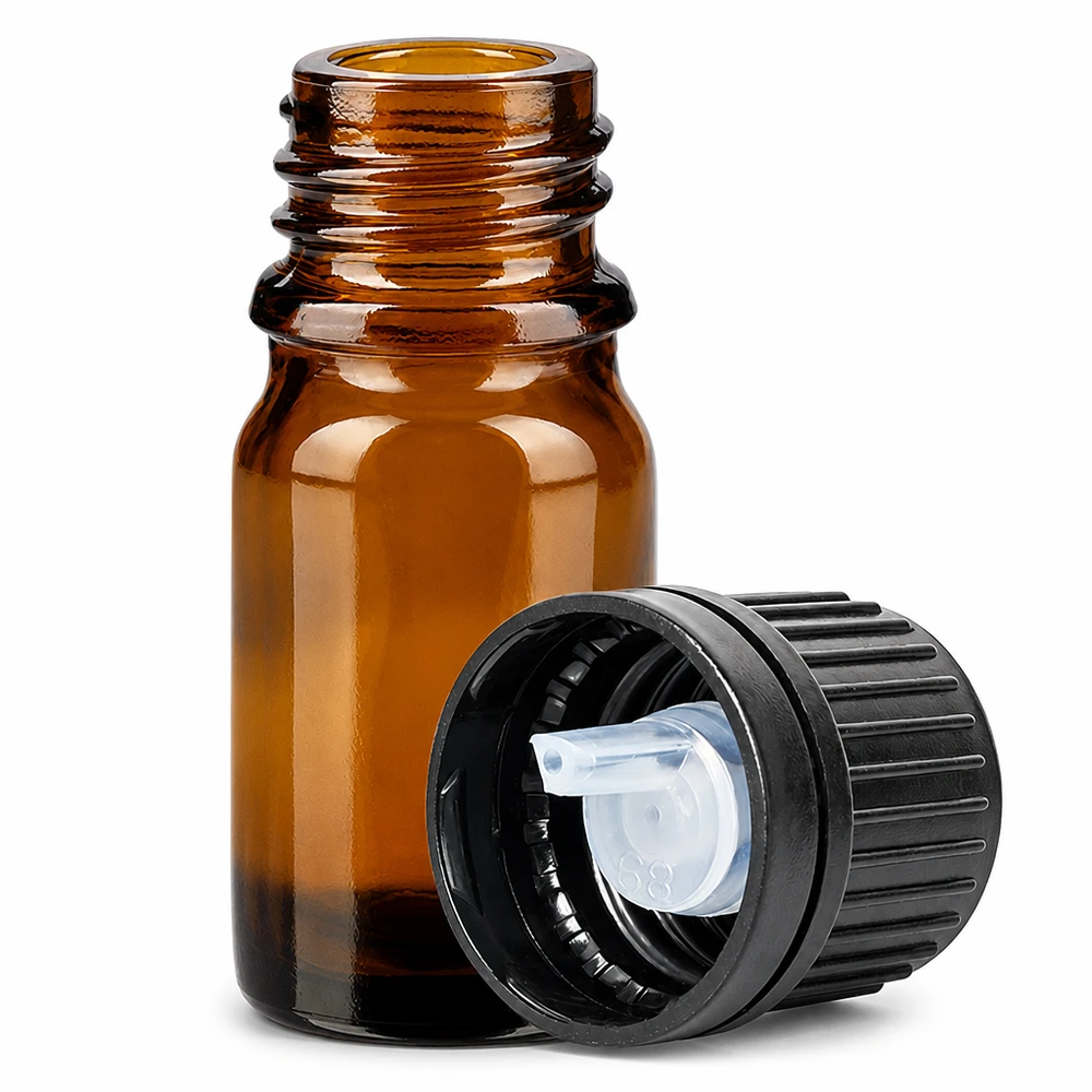 Flacone contagocce in vetro ambrato da 5 ml con apertura da 1 mm e tappo a vite nero serie BrownLine