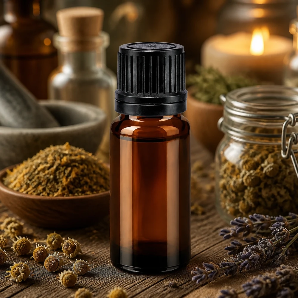 Apothekenflasche braun 10ml Tropfverschluss Giessring 1mm schwarz Originalitätsverschluss 10ml Braunglas-Dosierflasche mit engerem 1mm Einsatz neben Lavendel und Gewürzkräutern
