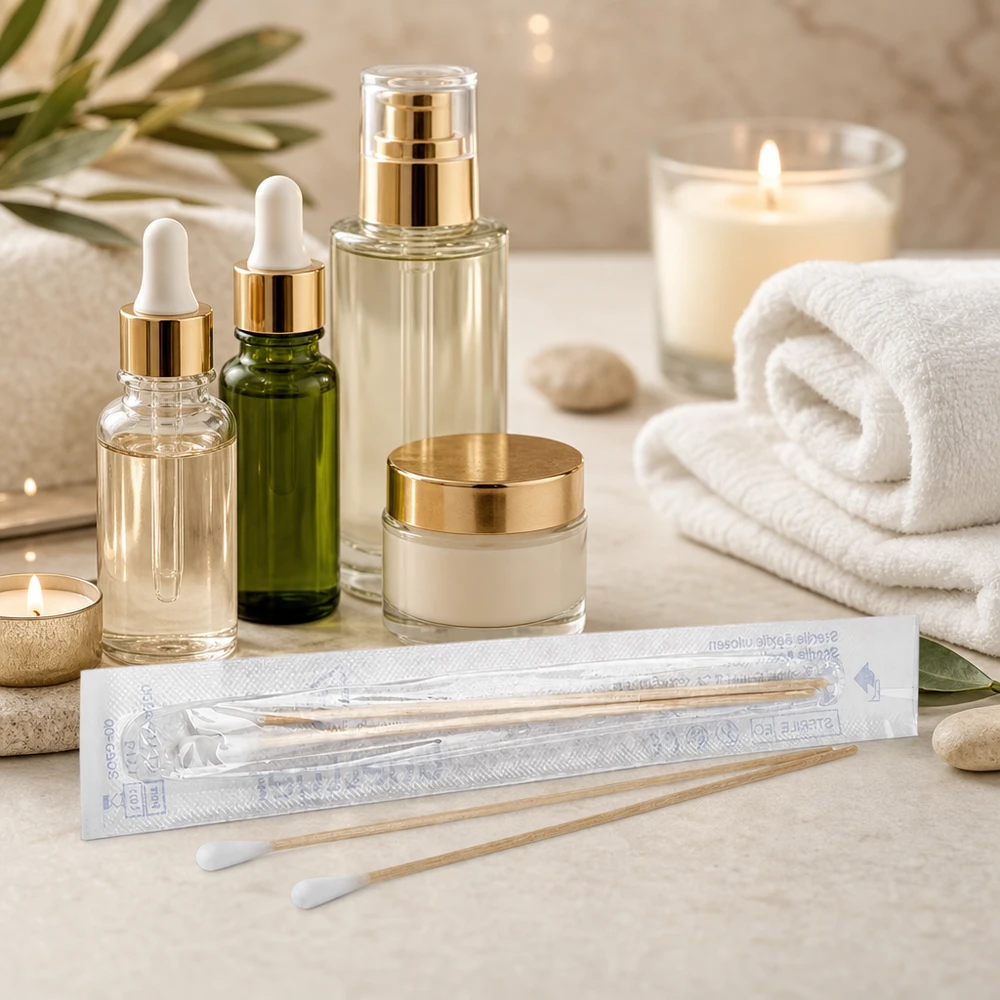 Wattestäbchen STERIL (2 Sück) Professionelle Wattestäbchen steril 2 Stück für Beauty- und Pflegeanwendung auf hellem Untergrund