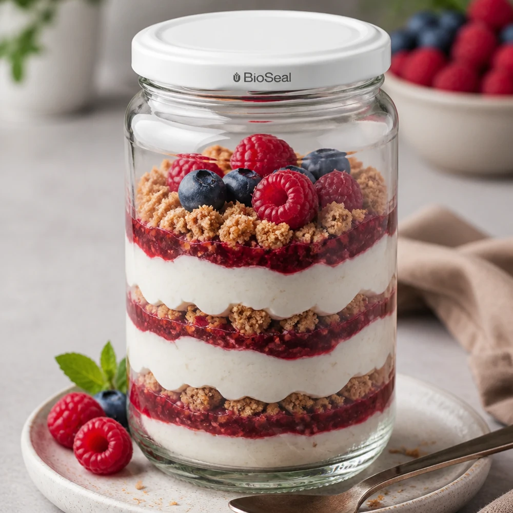 UNiTWIST Runda305 con coperchio BioSeal come bicchiere da dessert - dessert a strati con frutti di bosco e yogurt serviti con stile