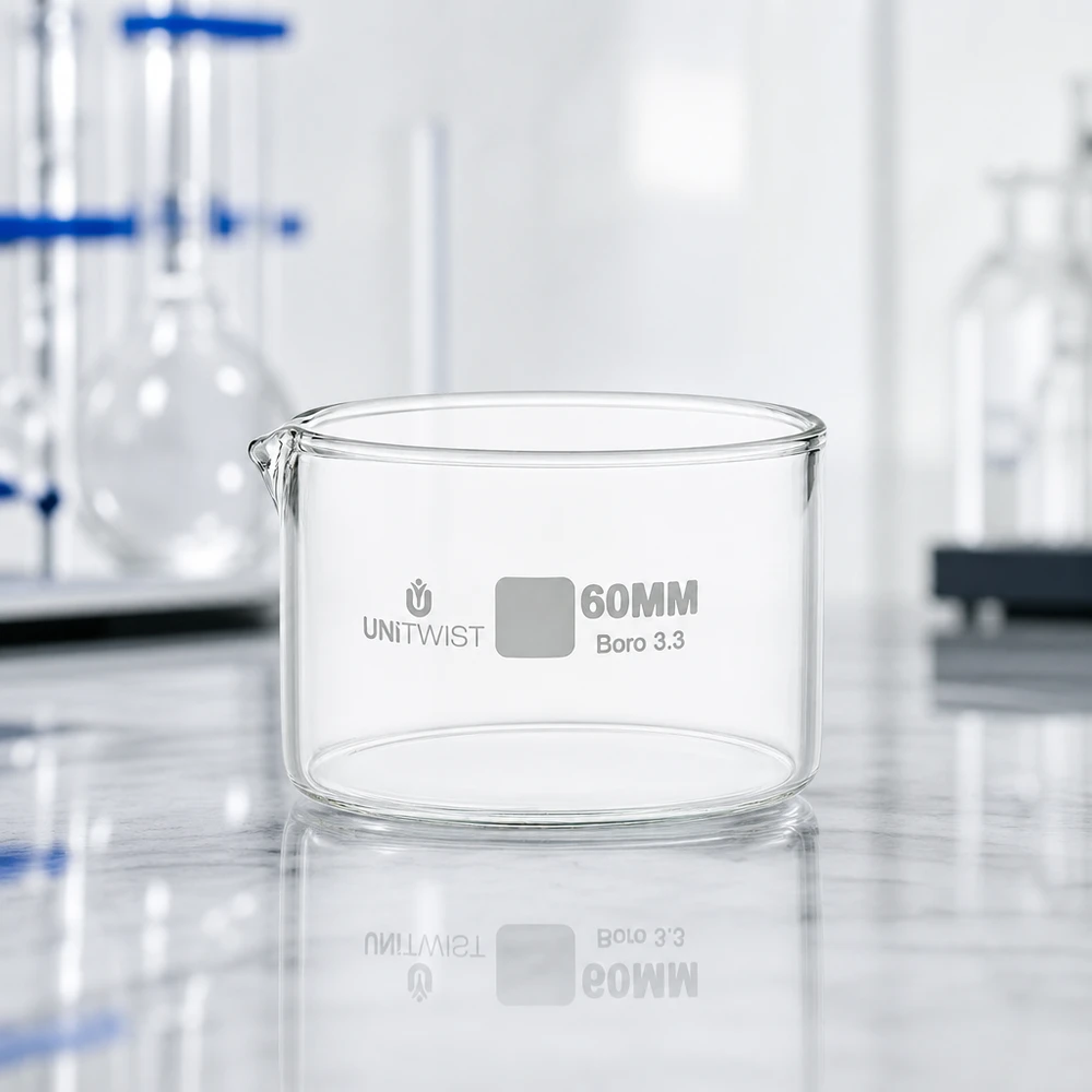Cristallisoir ø60mm verre borosilicaté UNiTWIST Coupelle de cristallisation vide de 60 mm UNiTWIST Boro 3.3 sur fond de laboratoire avec un flacon Erlenmeyer