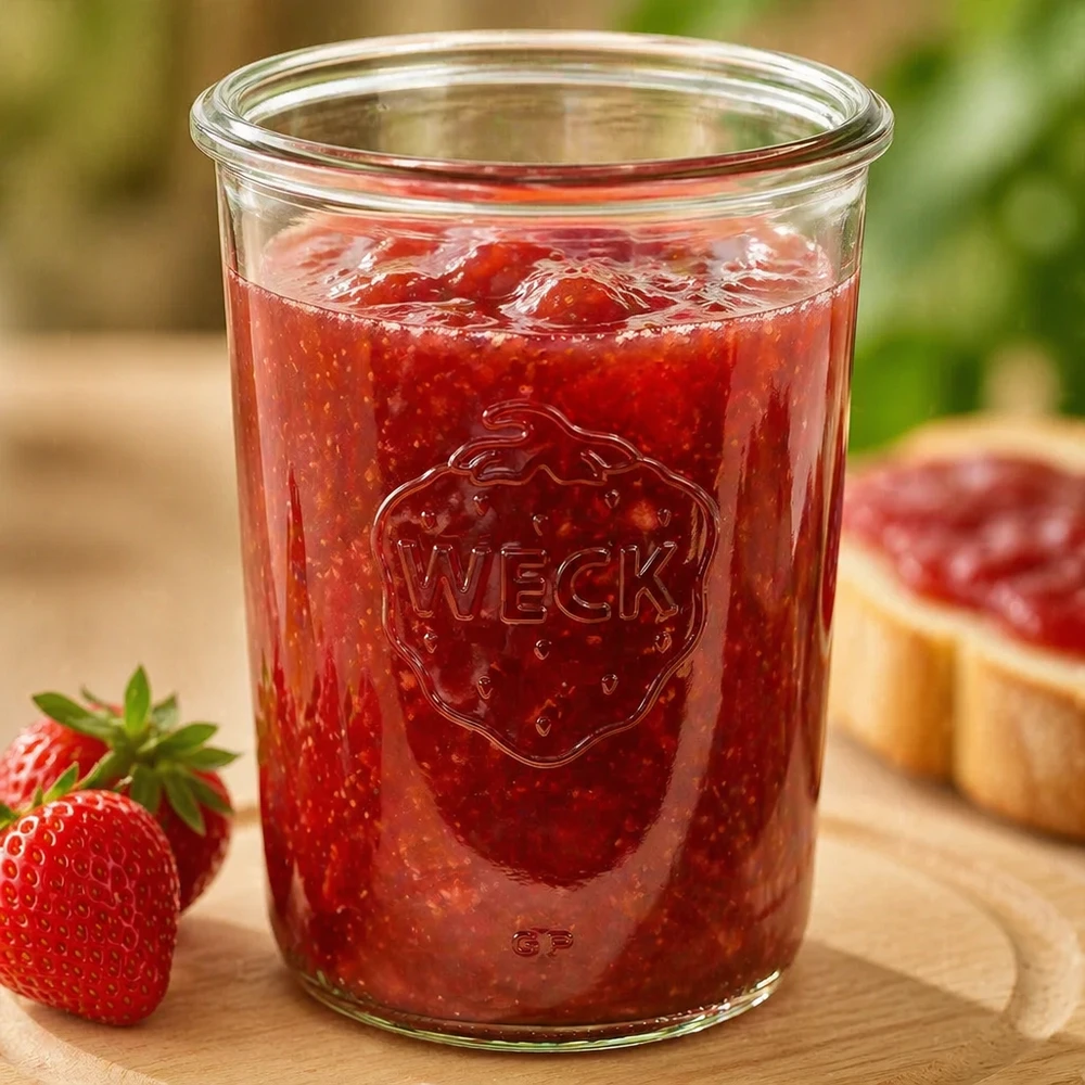 850ml WECK Sturzglas RR100 mit Erdbeermarmelade gefüllt auf Holzbrett neben frischen Erdbeeren und Brot