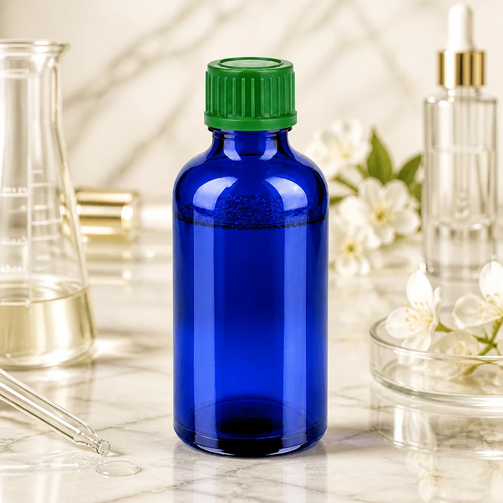 Flacone compatto in vetro Blue Line da 50 ml con tappo verde ergonomico per l'uso quotidiano