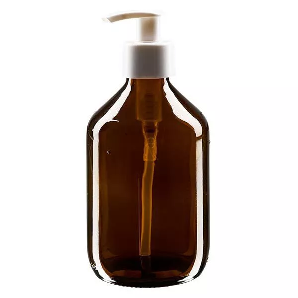 Flacone per medicinali da 300 ml marrone, con pompa dosatrice in ApoGlas bianco
