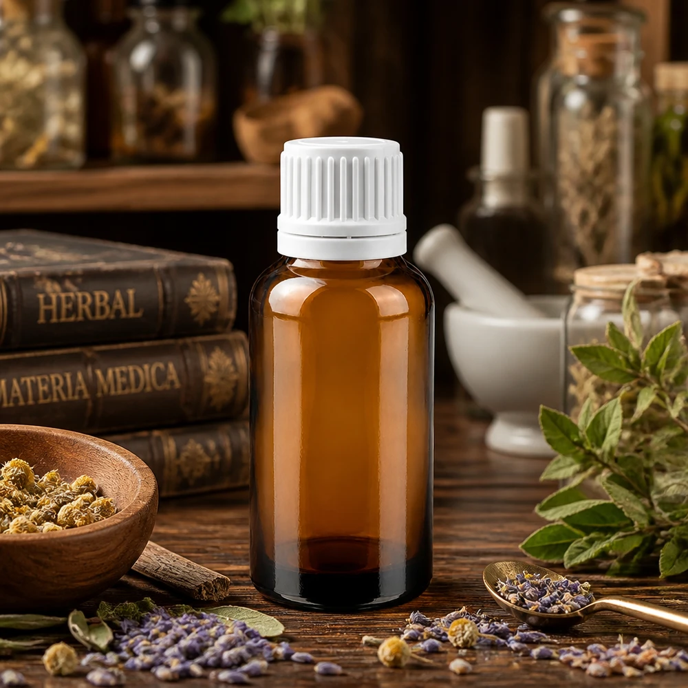 Flacone in vetro ambrato da 30 ml con tappo bianco, perfetto per l'aromaterapia e il benessere naturale