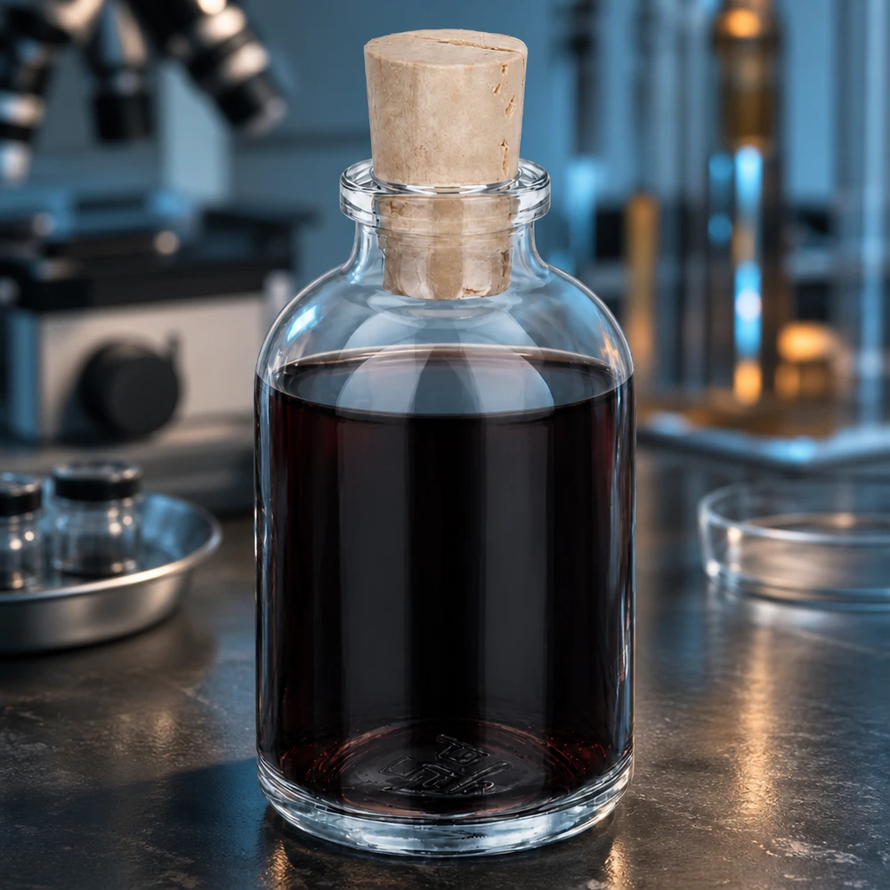 Flasche Klarglas 50ml mit Korken 11/14mm Borosilikatglasflasche 50ml mit Korkstopfen im professionellen Laborumfeld mit Mikroskop