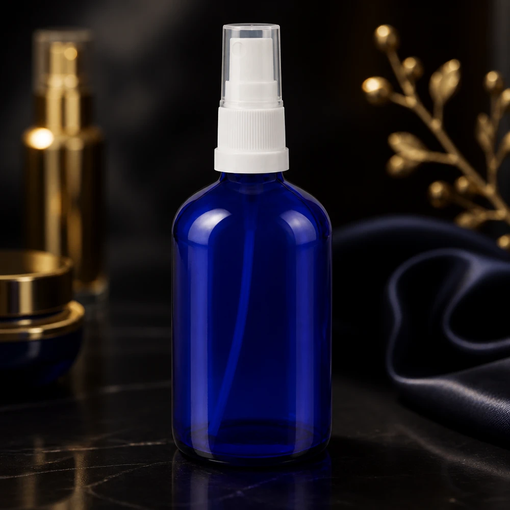 Apothekenflasche blau 100ml Sprayaufsatz weiß Schlanke blaue Glasflasche 100ml mit weißem Zerstäuberpumpe ideal für ätherische Öle