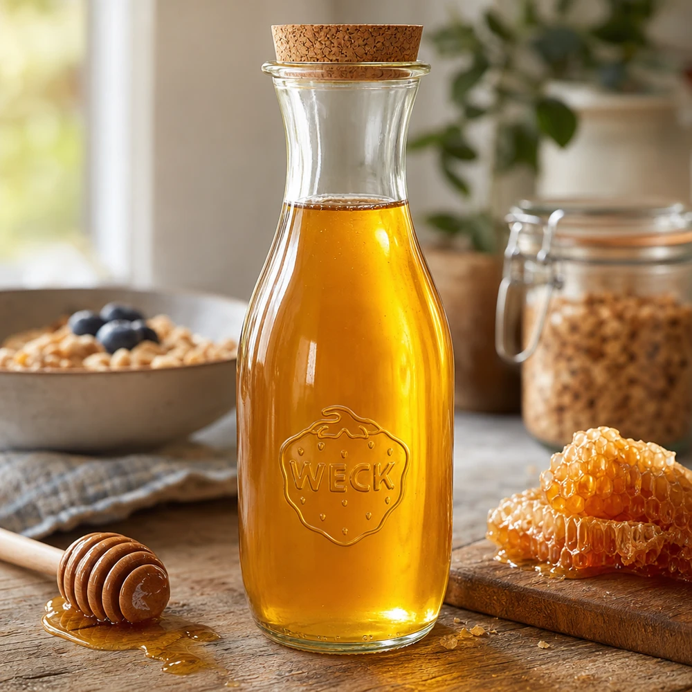 1062ml Saftflasche WECK RR60 mit Korken natur WECK Saftflasche 1062ml mit goldenem Honig befüllt, Naturkorken und Wabenhonig in gemütlicher Küchenszene