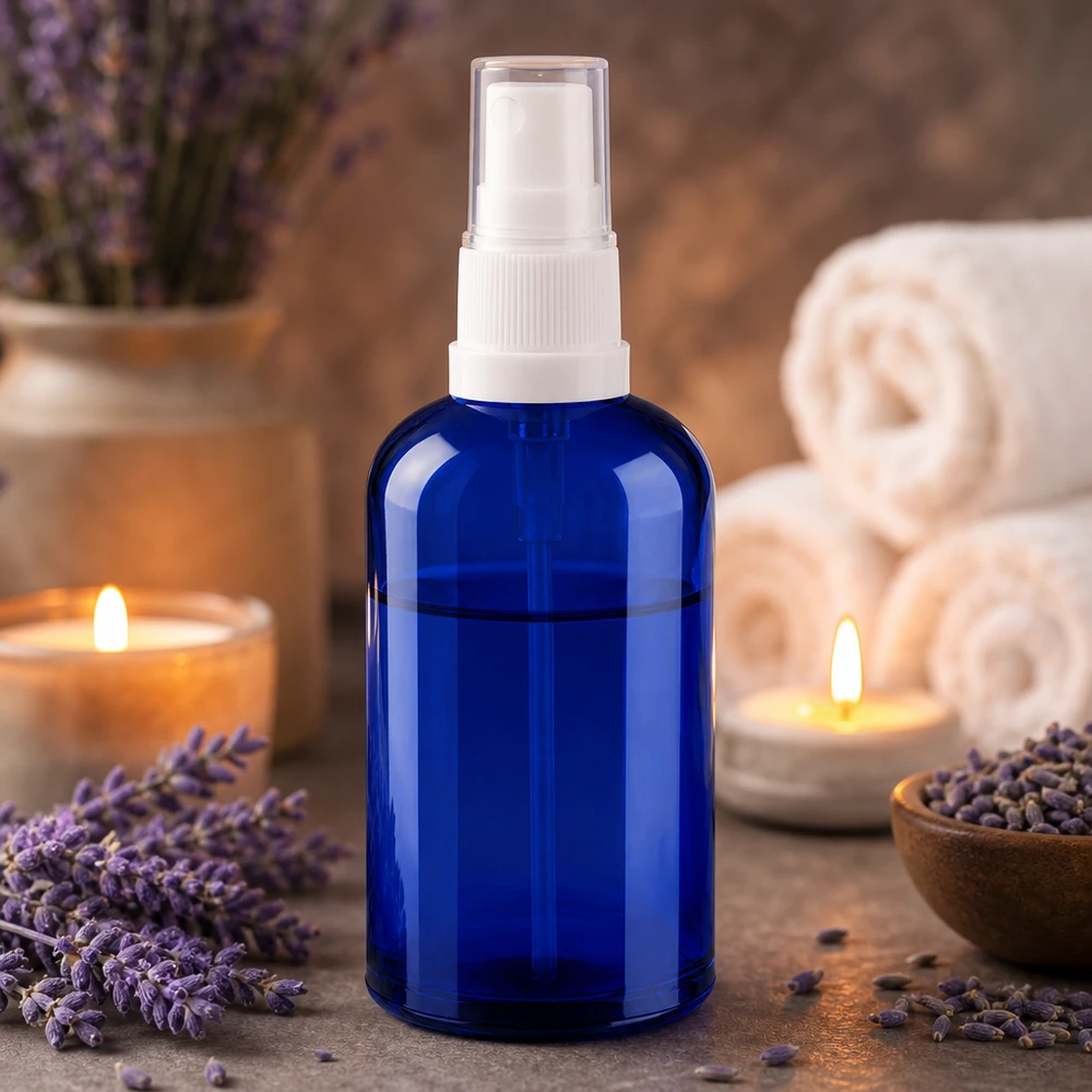 100ml Sprayflasche weiß/transparent Standardverschluss BlueLine UT18/100 Elegante 100ml Sprayflasche in Blau mit weißem Verschluss für natürliche Pflege