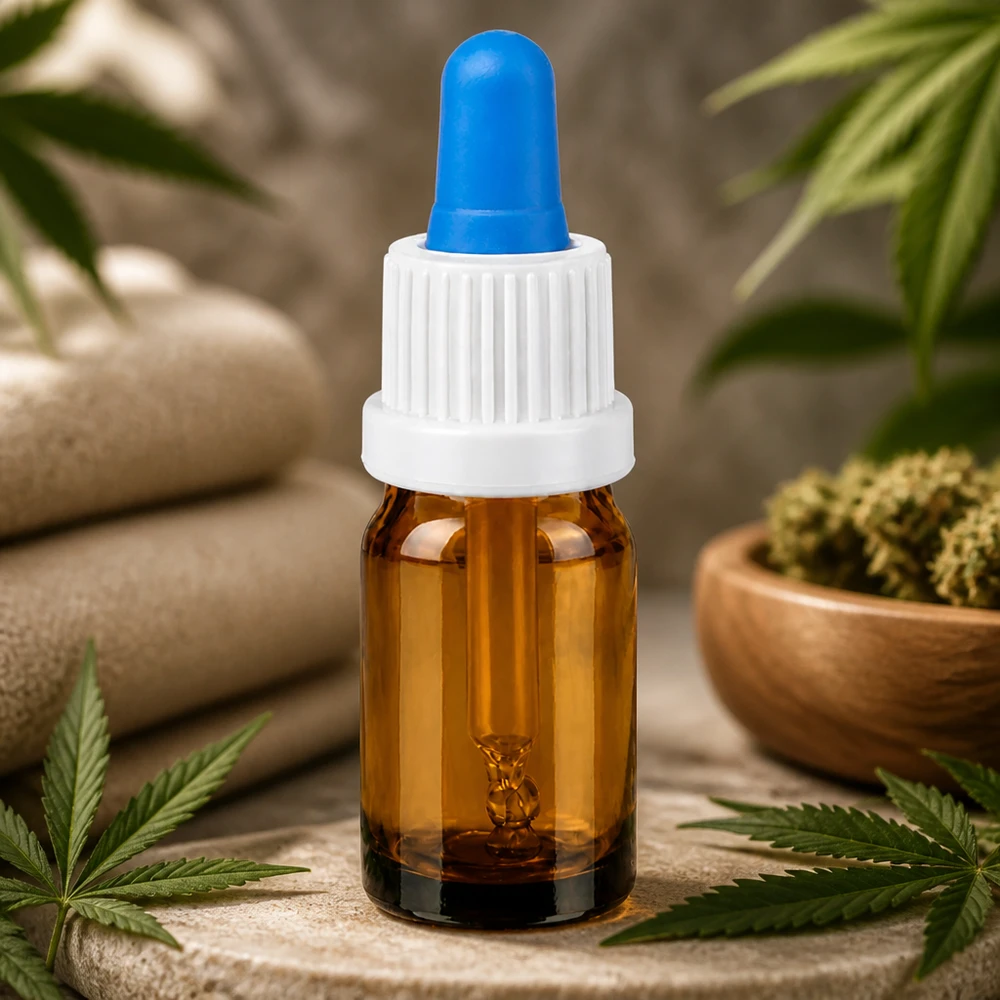 Flacone a pipetta da 5 ml di colore ambrato con tappo bianco e contagocce blu per oli essenziali