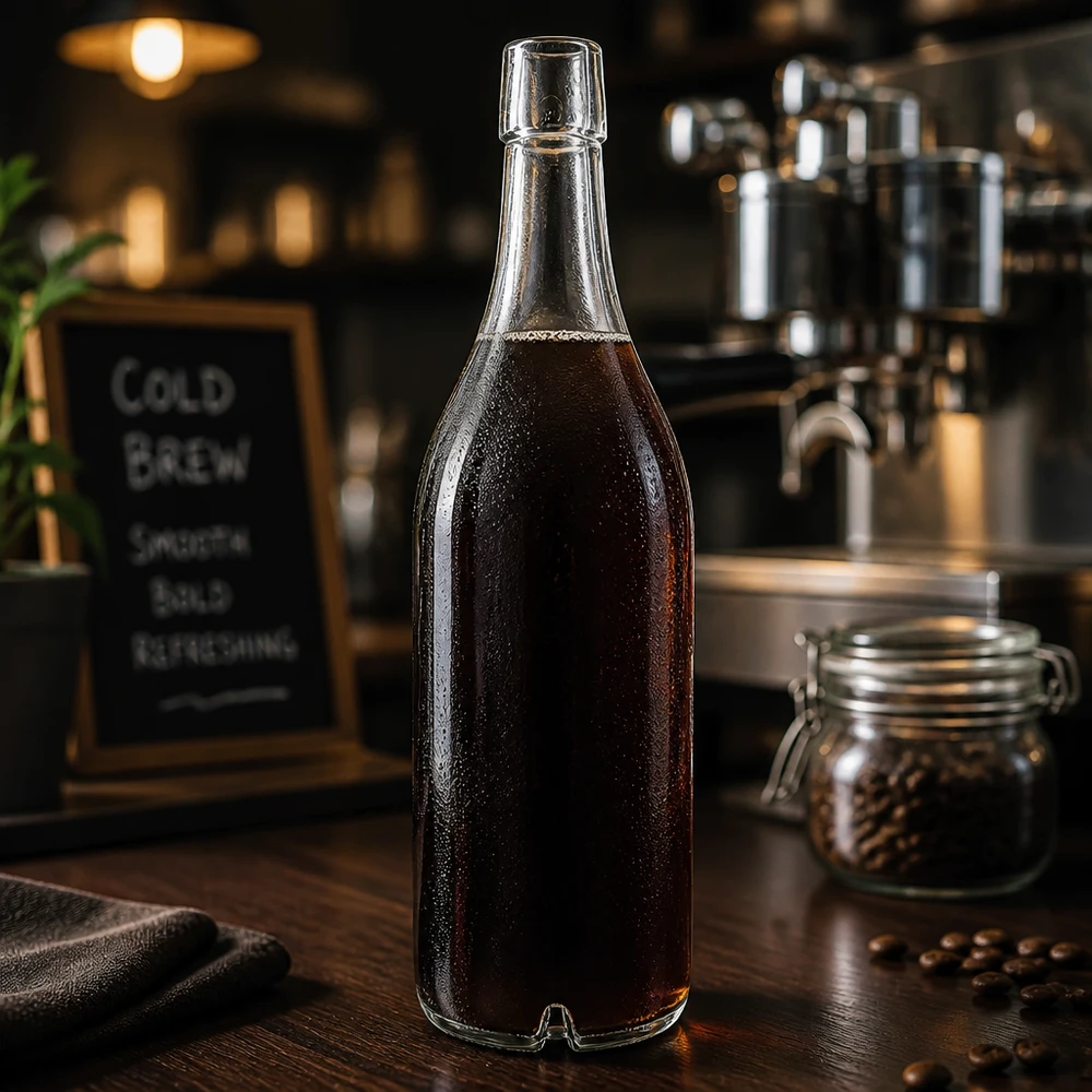 Bottiglia in vetro da 1000 ml senza tappo UNiTWIST Bottiglia di vetro da 1000 ml UNiTWIST riempita con caffè in grani Cold Brew Coffee atmosfera tappo a vite scuro