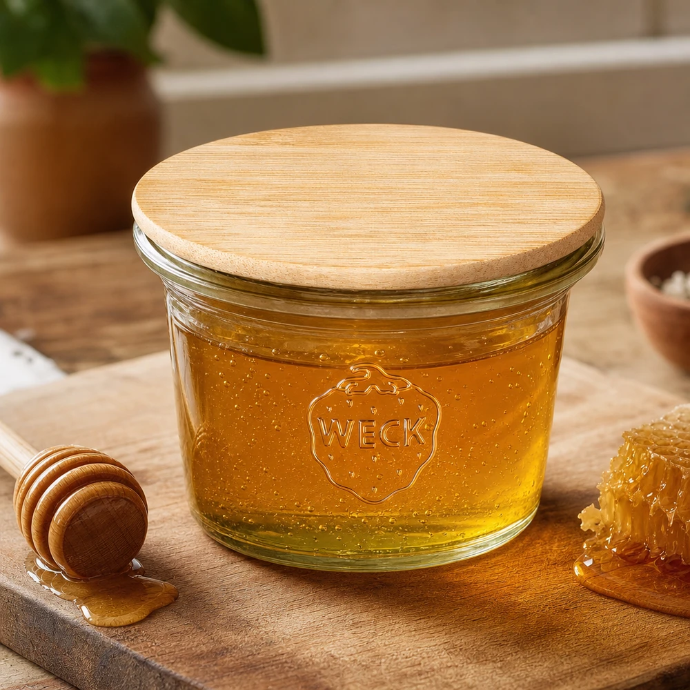 WECK RR40 Vaso da 35 ml con coperchio in legno di bambù riempito di miele accanto a cucchiaio e favo su una base di legno