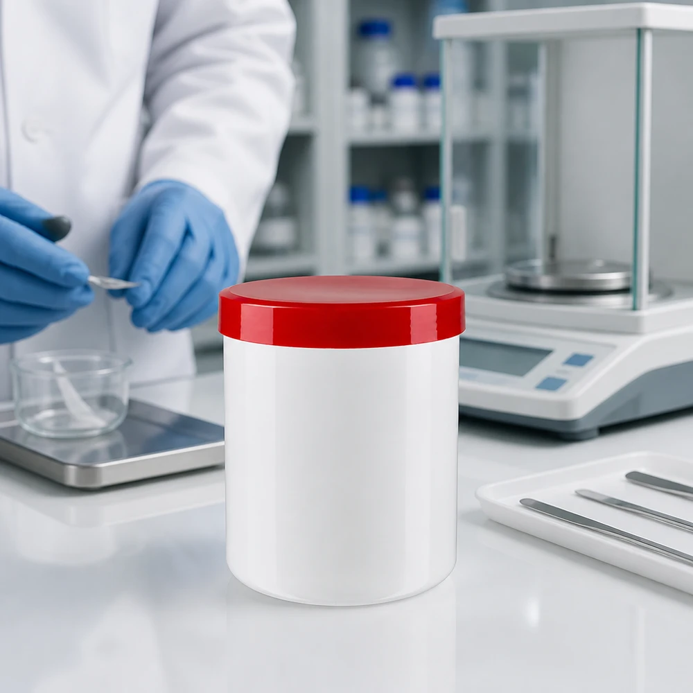 Pot à pommade refermable de 30 g en plastique blanc avec un couvercle rouge sur un poste de travail de laboratoire