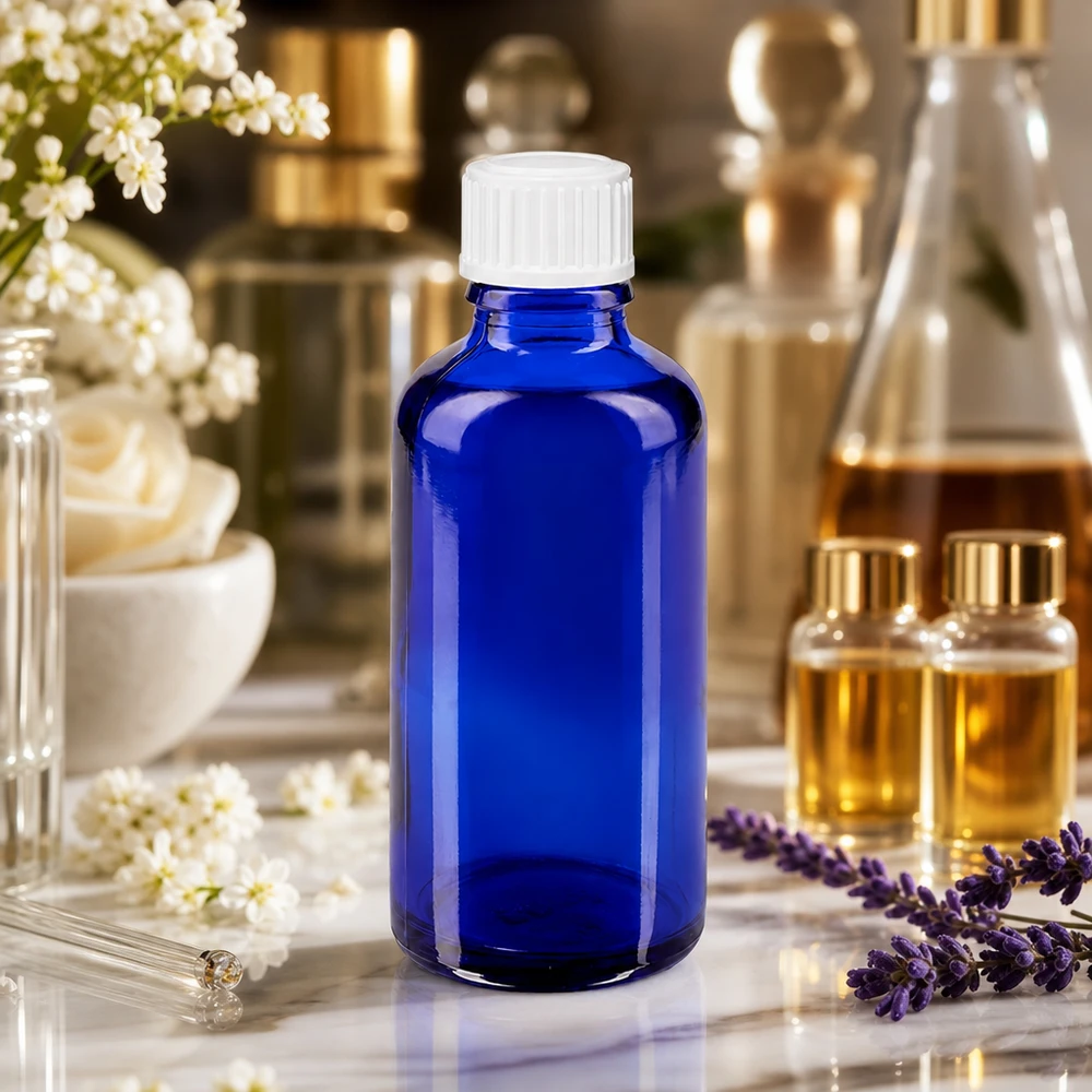 Flacon à pharmacie bleu 50ml bouchon compte-gouttes blanc 0.8mm std Flacon compte-gouttes cylindrique de 50 ml en verre bleu cobalt anti-UV, muni d'un bouchon doseur blanc