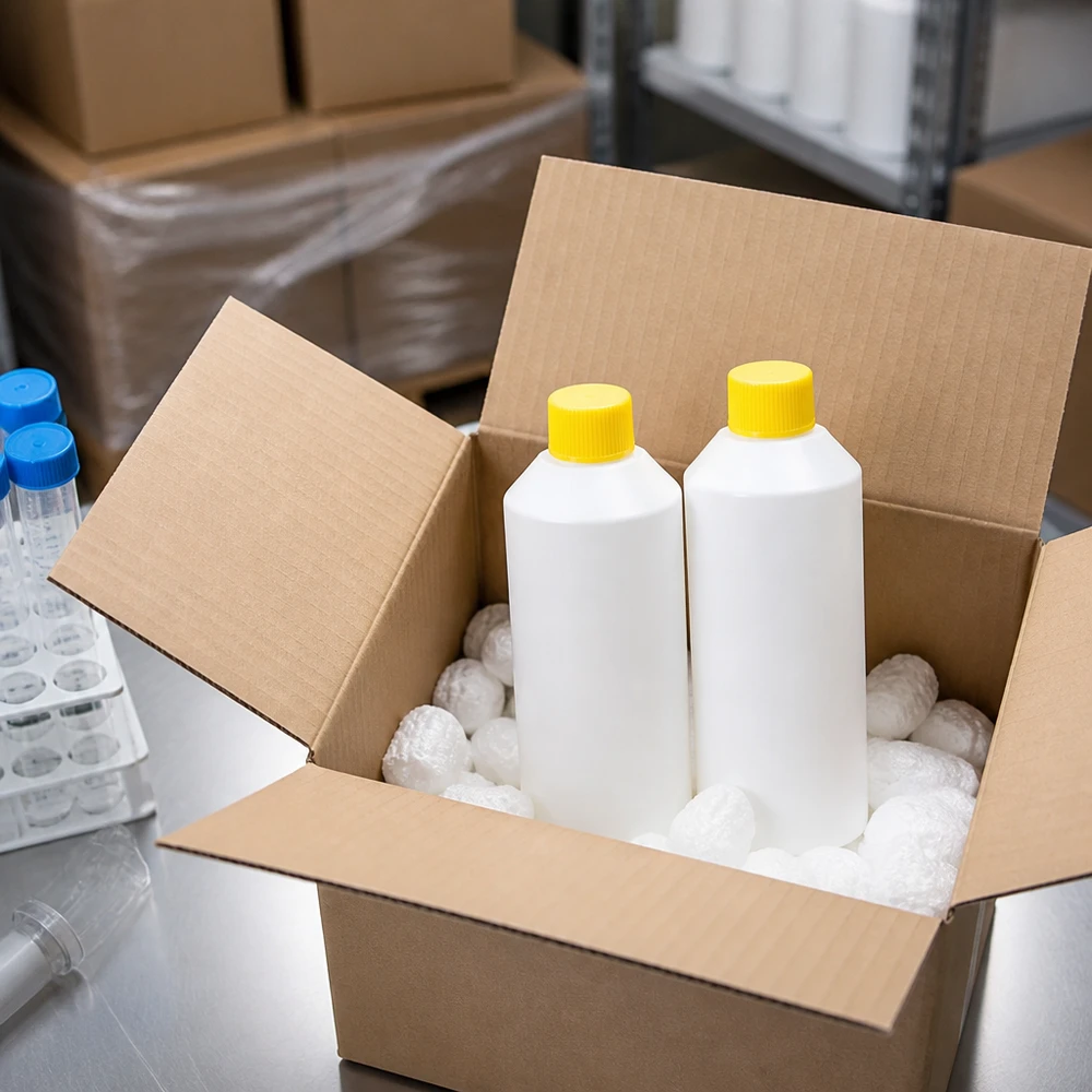 Flacon de pharmacie HDPE 250ml blanc avec bouchon vissable jaune Flacon en plastique HDPE de 250 ml, blanc avec bande jaune, conforme aux normes pharmaceutiques, destiné aux produits chimiques
