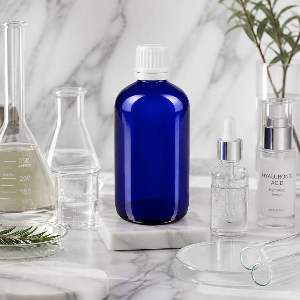 Flacon de pharmacie bleu 100ml bouchon compte-gouttes 1.2mm blanc bouchon inviolabilité Bouteille en verre bleue de 100 ml avec bouchon OV, posée sur du marbre à côté d'un sérum à l'acide hyaluronique et d'appareils de laboratoire