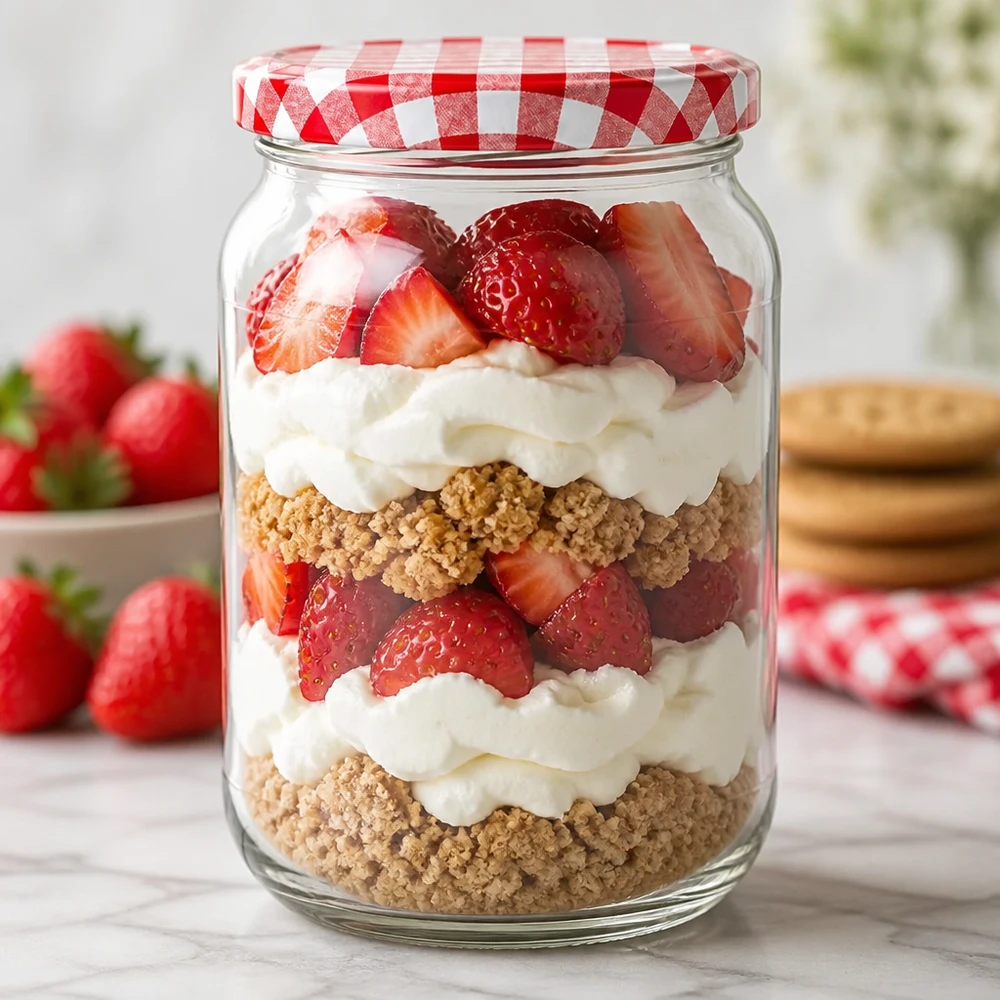 1062ml Rundglas + BasicSeal Deckel rot/weiß UNiTWIST 1062ml Rundglas BasicSeal Deckel Dessert Schichtdessert Erdbeeren Sahne Keksboden Trifle Nachtisch Glas