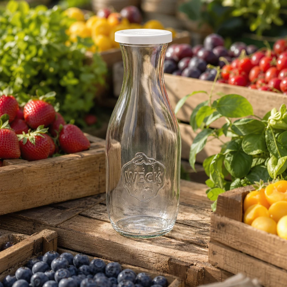 Bottiglia per succhi da 1062 ml con coperchio salva-freschezza WECK RR60 Bottiglia di succo WECK 1062ml vuota con logo tra frutti colorati su cassette di legno in un giardino naturale